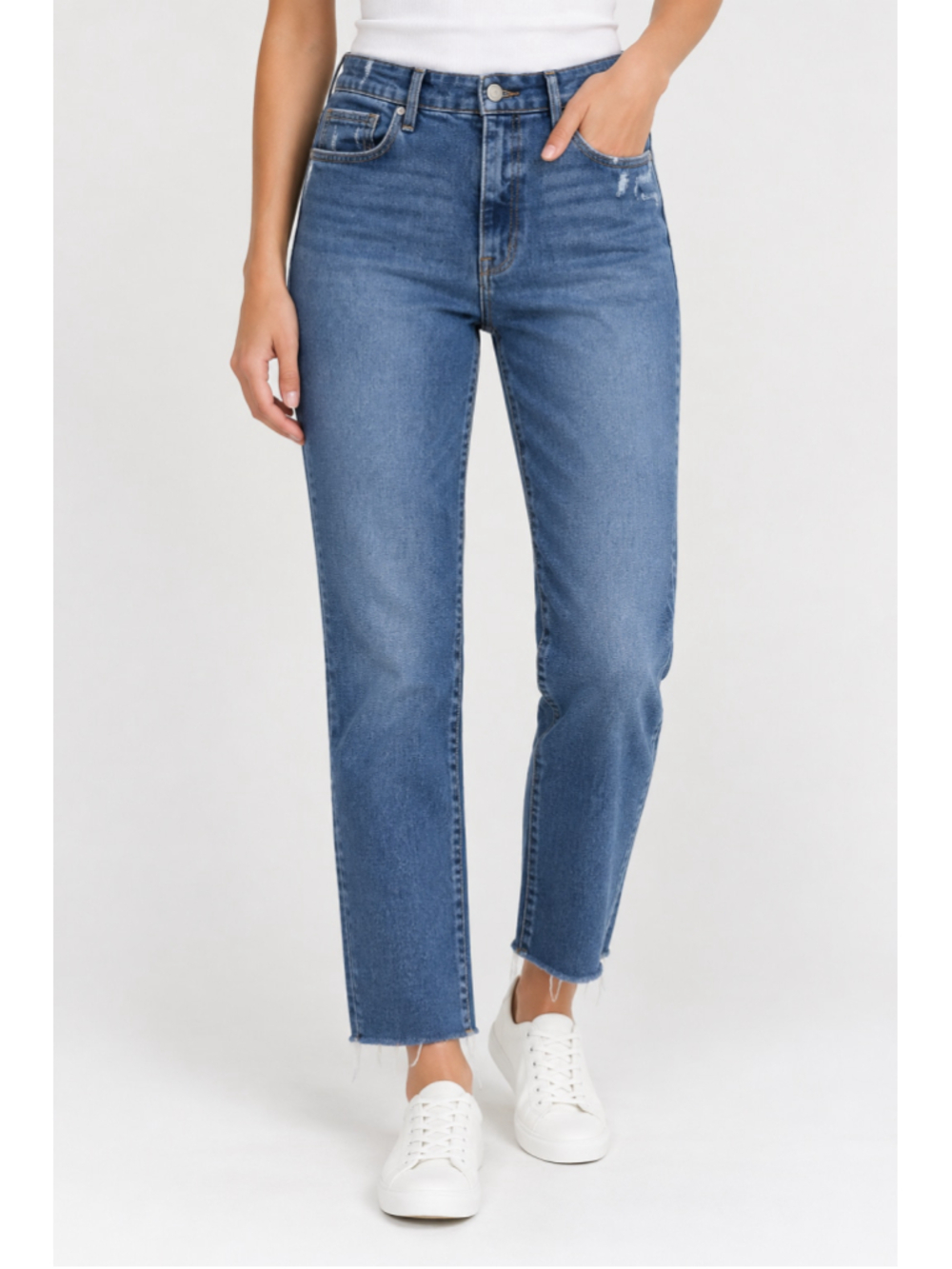 Good American Good Legs Straight Jeans 12/31 High Rise Raw Hem Distressed